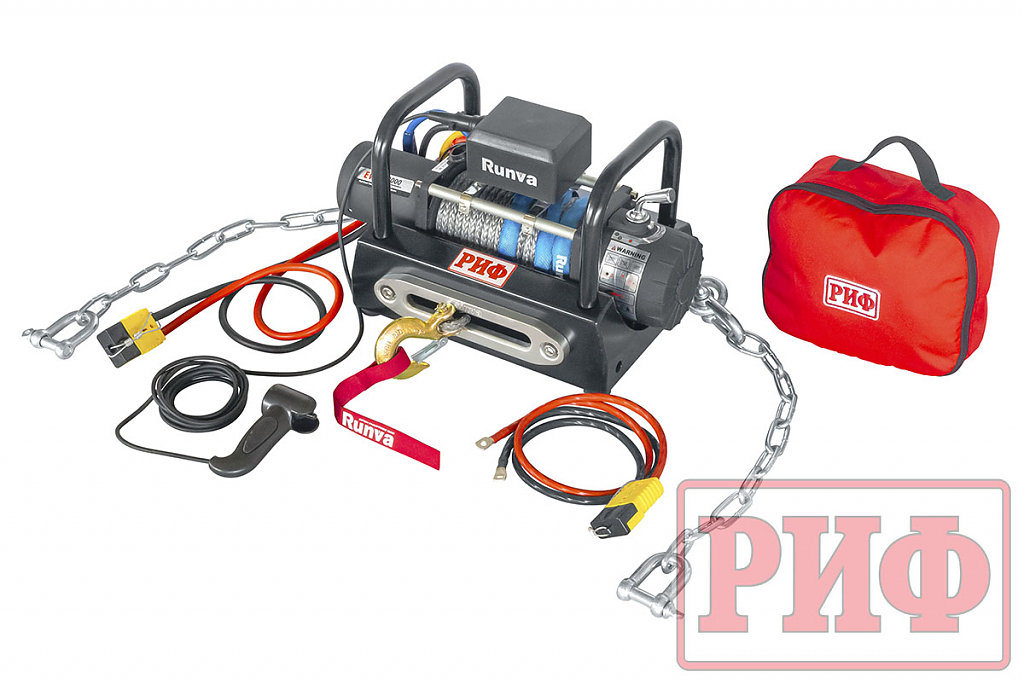 Лебёдка автомобильная переносная РИФ \ Runva 8000SR c площадкой на цепях и проводами (синтетический трос)