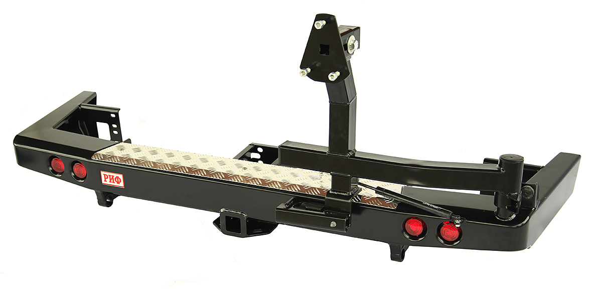 Бампер задний силовой УАЗ Патриот 2015+ с квадратом под фаркоп, калиткой и фонарями лифт