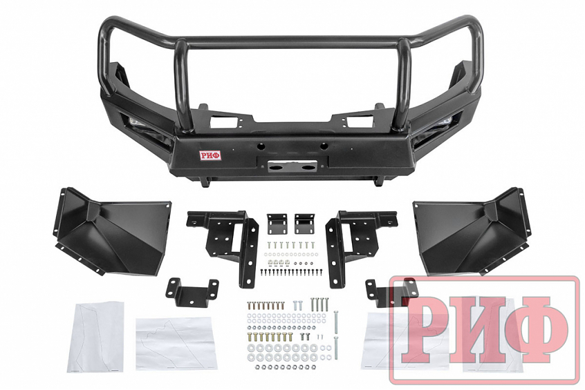 Бампер РИФ силовой передний Mitsubishi L200 2015+ с доп. фарами (арт. B0205), защитной дугой, защитой бачка омывателя
