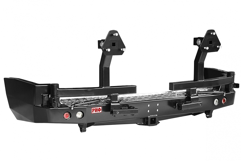 Бампер задний силовой Nissan Patrol Y61 2004+ с квадратом под фаркоп, 2-мя калитками и фонарями