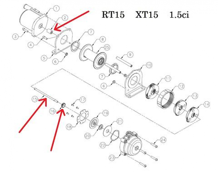вал лебедки в сборе с солнечной шестерней Warn RT/XT 15, XT 17, 1.5ci