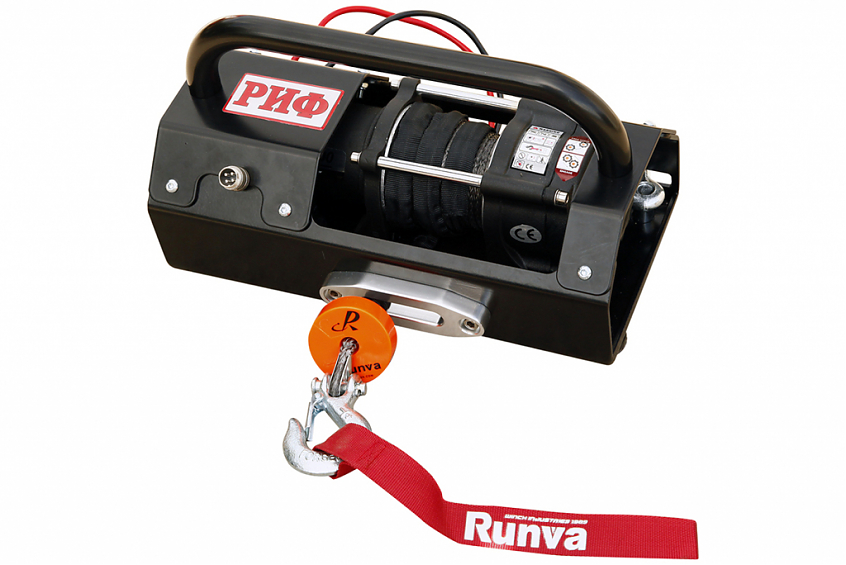 Лебёдка переносная для квадроциклов и снегоходов РИФ \ RUNVA 3500ASR c малой площадкой и проводами в сборе, синтетический трос