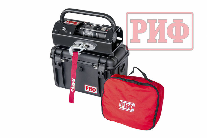 Лебёдка для квадроциклов и снегоходов переносная РИФ \ RUNVA 3500ASR c малой площадкой и проводами, синтетический трос (в защитном кейсе)