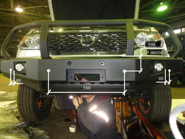 Бампер передний силовой УАЗ Патриот 2005+ с доп. фарами и защитной дугой (под парктроник)