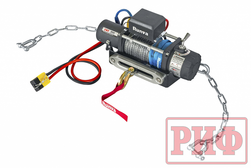 Лебёдка автомобильная переносная РИФ 8000SR c облегчённой площадкой на цепях и проводами (синт. трос)