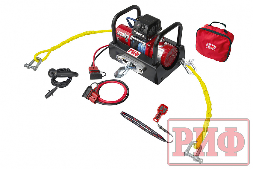 Лебёдка автомобильная переносная РИФ \ Runva 9.5XS c площадкой на цепях и проводами (в сборе) короткий барабан, синтетический трос