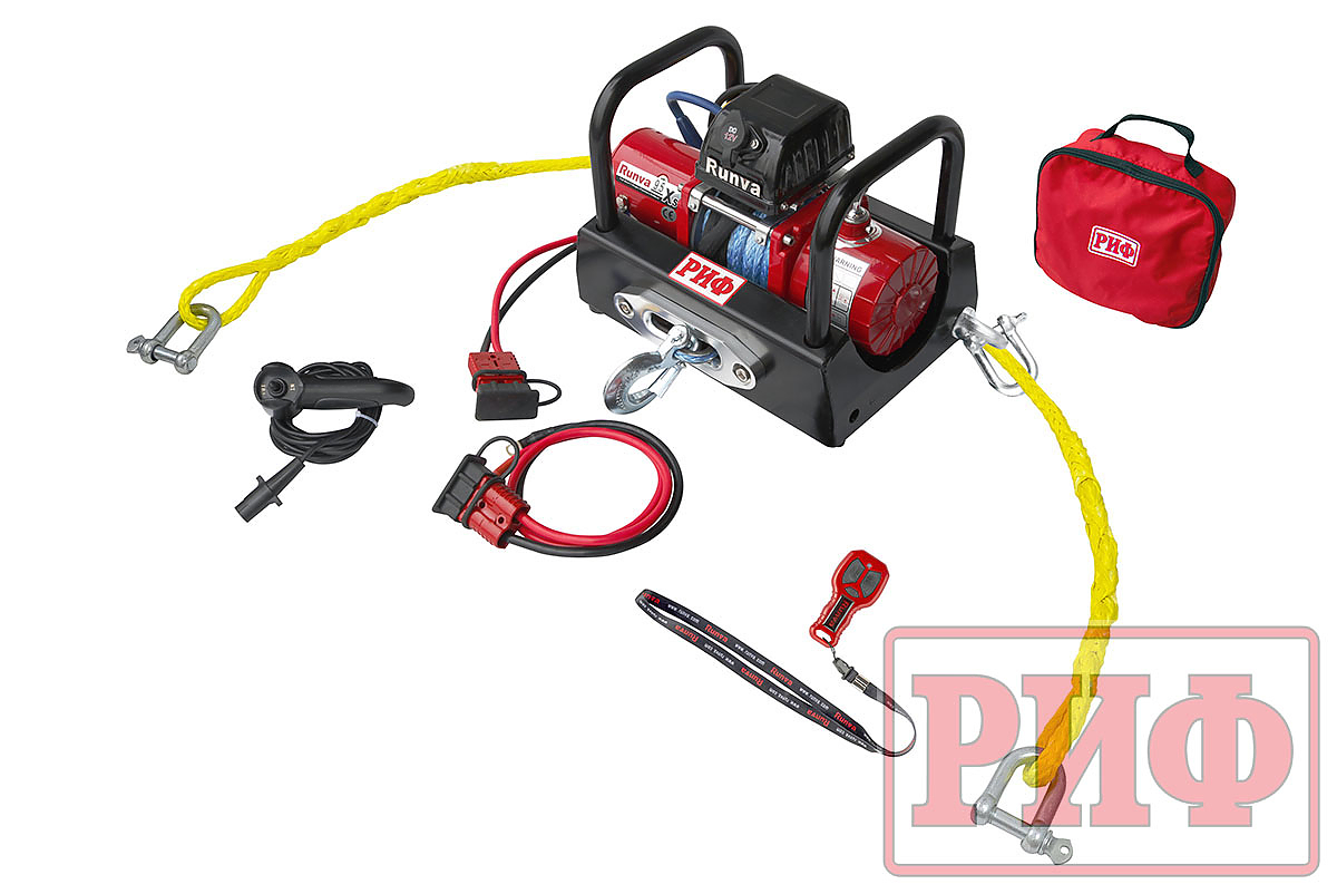 Лебёдка автомобильная переносная РИФ \ Runva 9.5XS c площадкой на цепях и проводами (в сборе) короткий барабан, синтетический трос