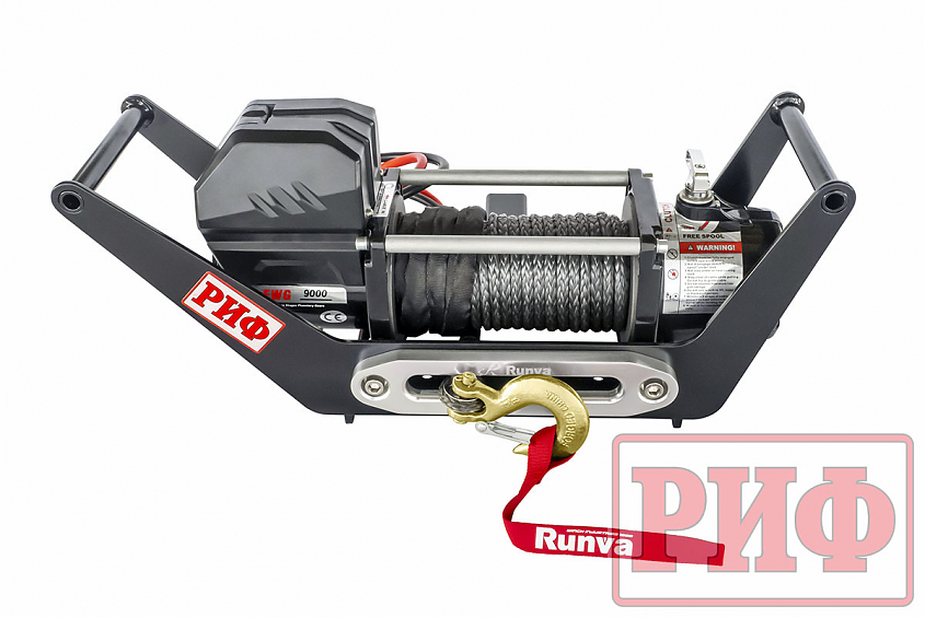 Лебёдка переносная РИФ 9000SR c площадкой в квадрат для фаркопа и проводами (в сборе) синтетический трос
