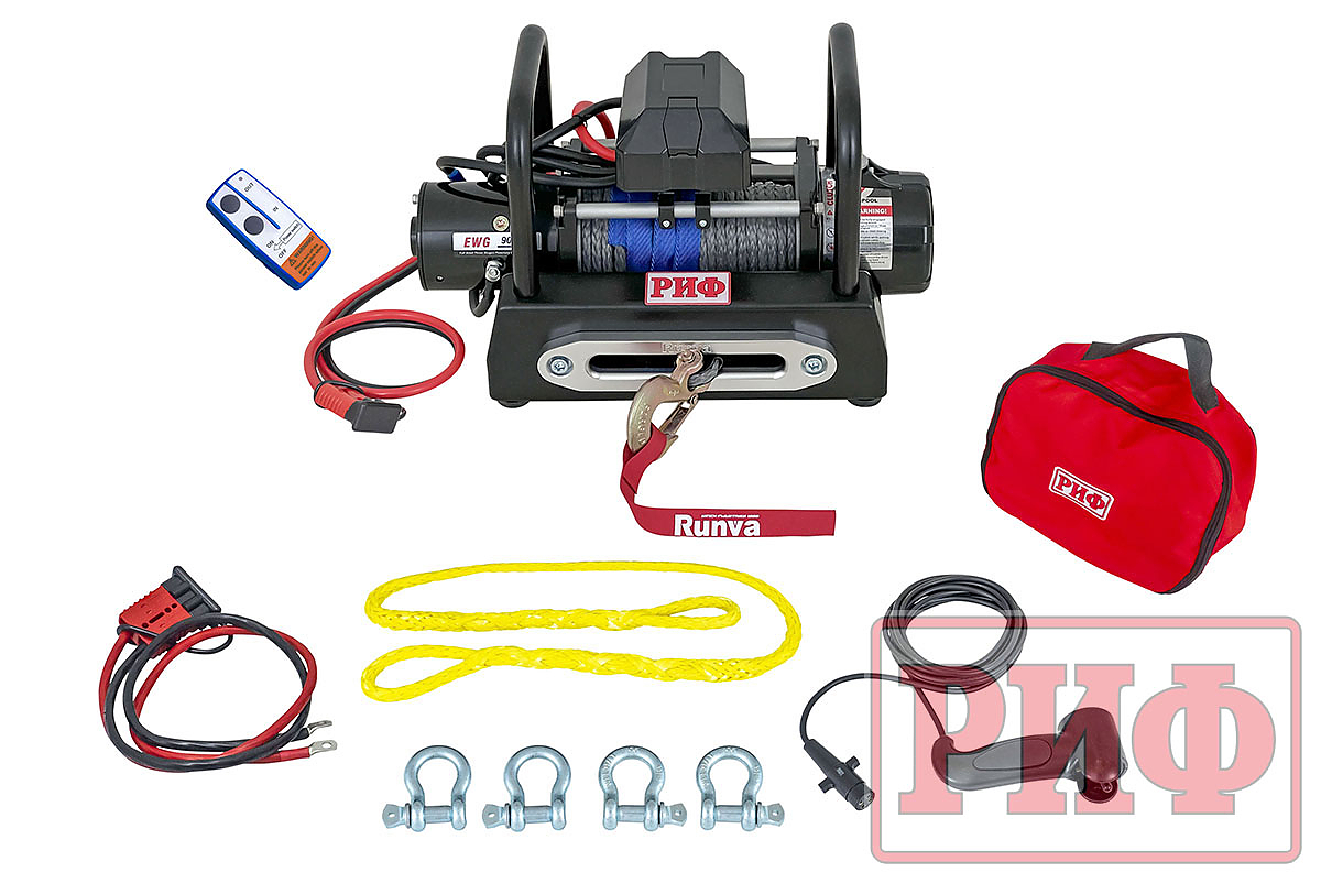 Переносной комплект лебедки РИФ 9000USR c площадкой на цепях и проводами (в сборе) синтетический трос Переносной комплект лебедки РИФ 9000USR c площадкой на цепях и проводами (в сборе) синтетический трос