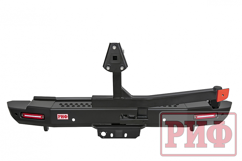 Бампер РИФ силовой задний Toyota Land Cruiser 200 2012-2015 с квадратом под фаркоп, калиткой, фонарями, подсветкой номера