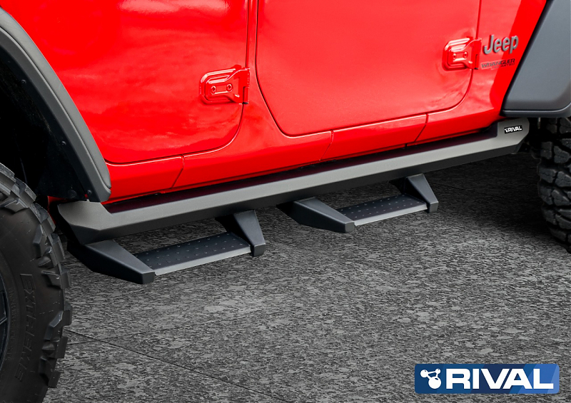 Силовые пороги со ступеньками Rival для Jeep Wrangler JL 5 дверей 2019 + 