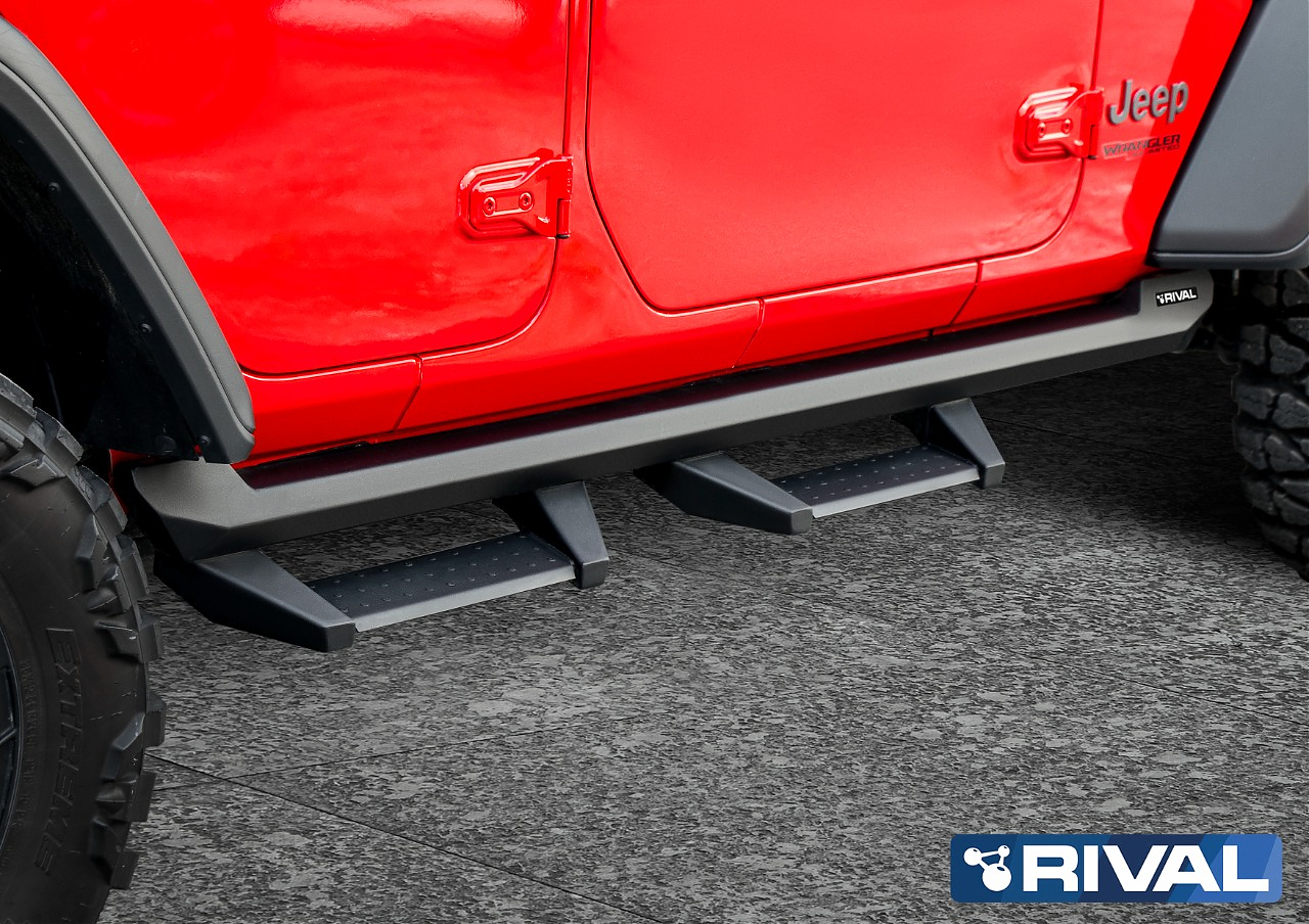 Силовые пороги со ступеньками Rival для Jeep Wrangler JL 5 дверей 2019 + 