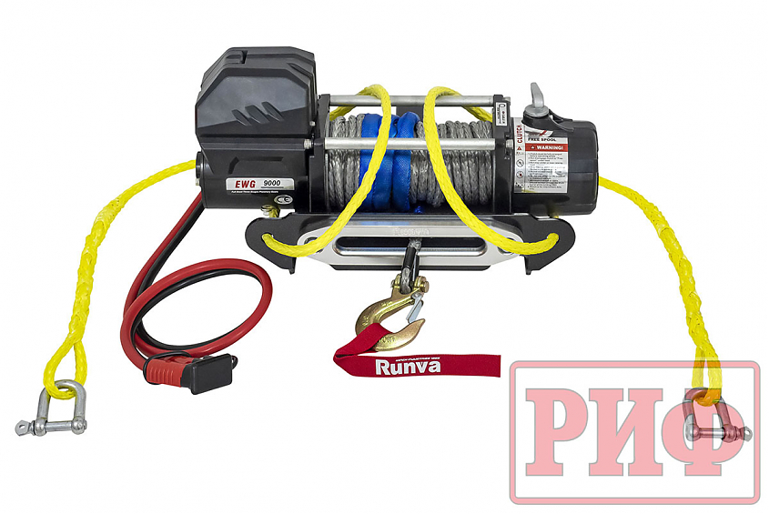 Лебёдка переносная РИФ 9000SR c квадратом для фаркопа и проводами в сборе, синтетический трос (облегченная)