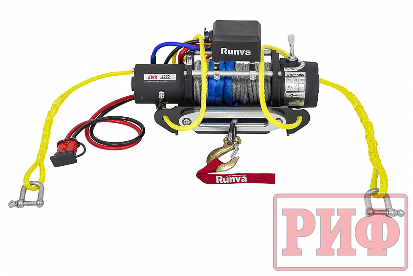 Лебёдка переносная РИФ 9500SR c квадратом для фаркопа, синтетический трос (облегченная)